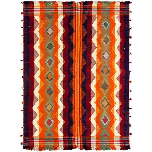 Wohnzimmer handgewebter Jajim Teppich in Orange und Rot mit markantem geometrischem Muster