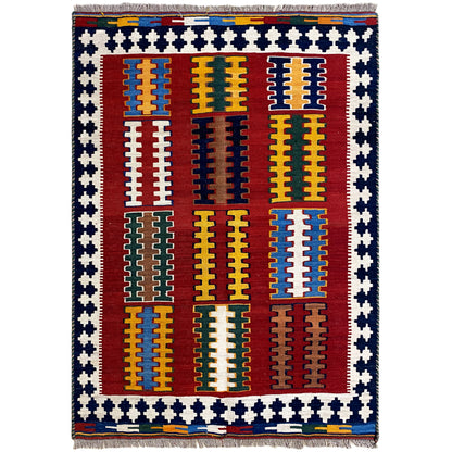 Handgewebter Qashqai Kelim Teppich Rot Blau 153x101 cm aus Naturwolle