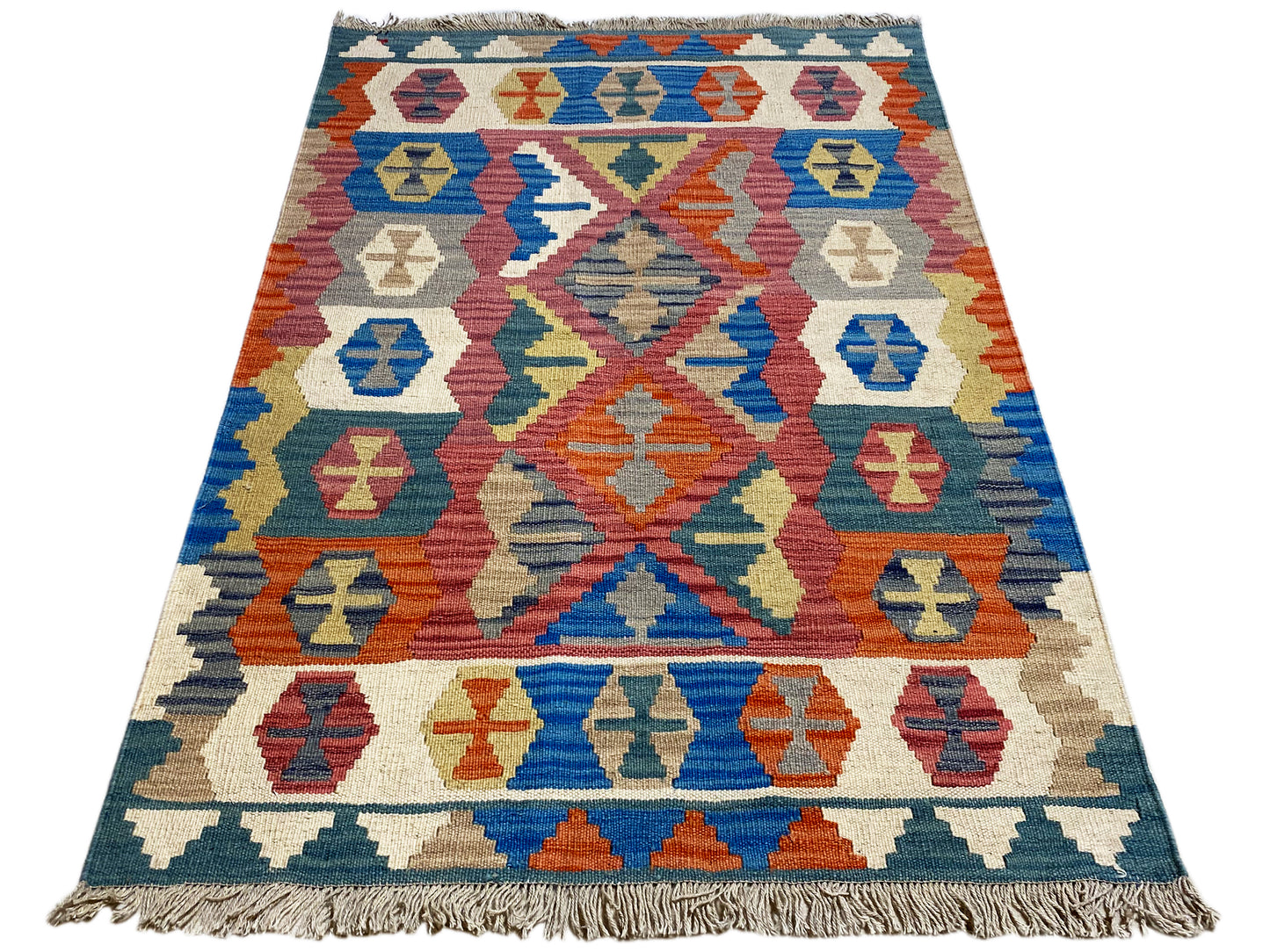 Boho Kelim Teppich handgewebt, Blau Rot Beige Design