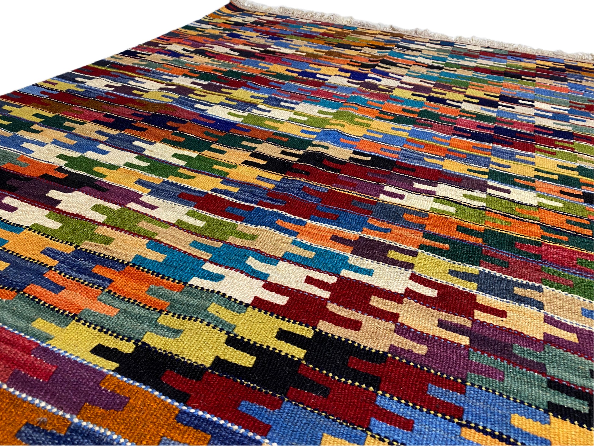 Qashqai Teppich Kelim mit color block Design und traditioneller Webkunst