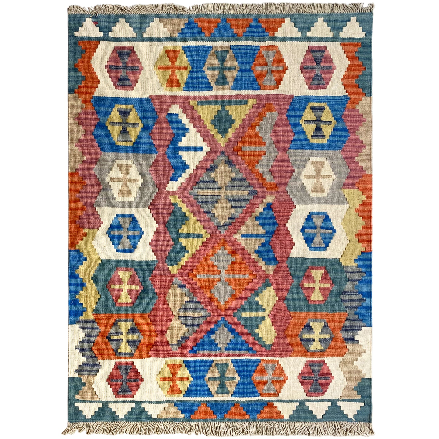 Handgewebter Qashqai Kelim Teppich in Blau und Natur, 147x105 cm