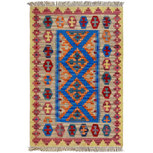 Handgewebter Qashqai Kelim Teppich beige mit blauem X-Muster 142x84 cm