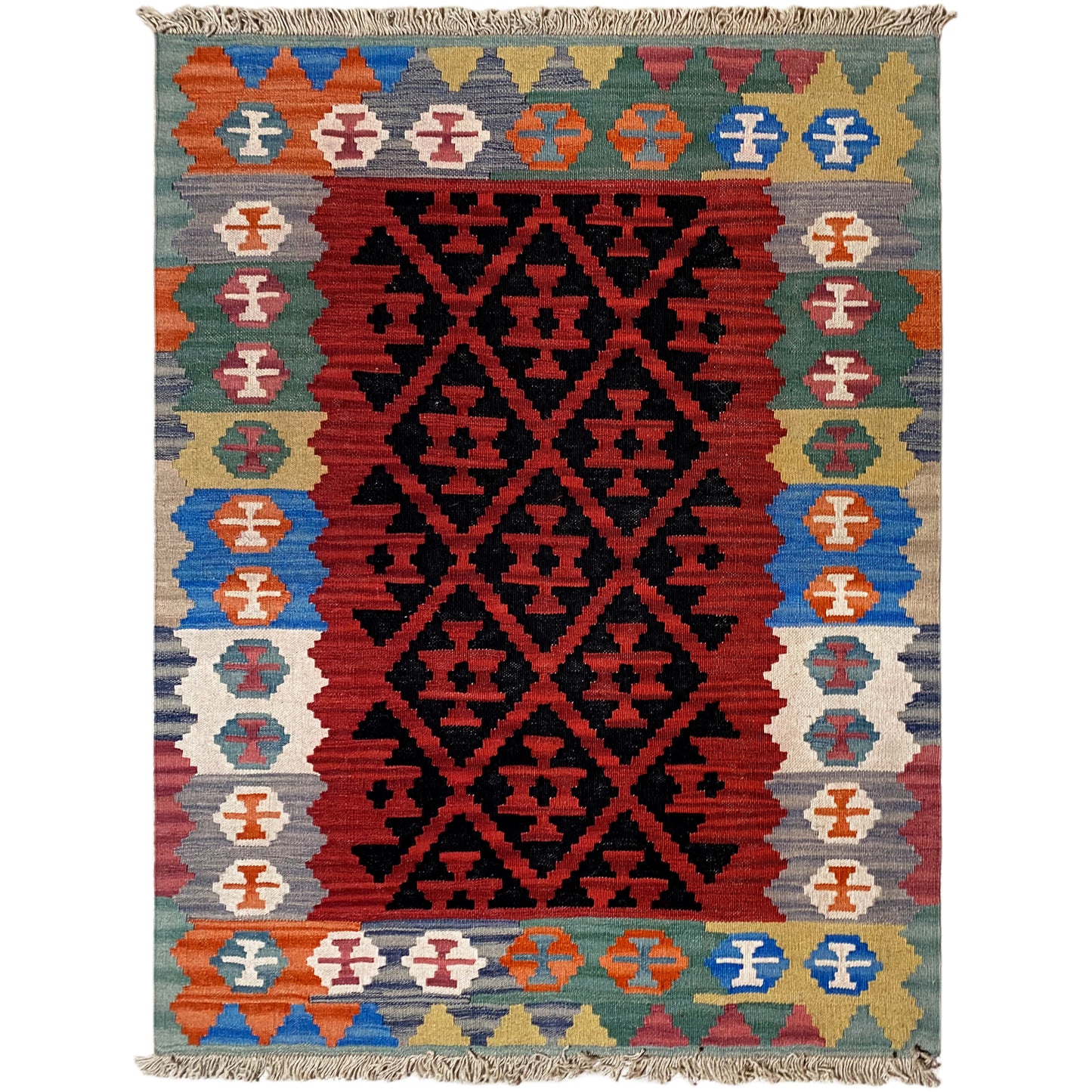 Handgewebter Kelim Qashqai Teppich rot 145x106 cm mit geometrischem Rautenmuster