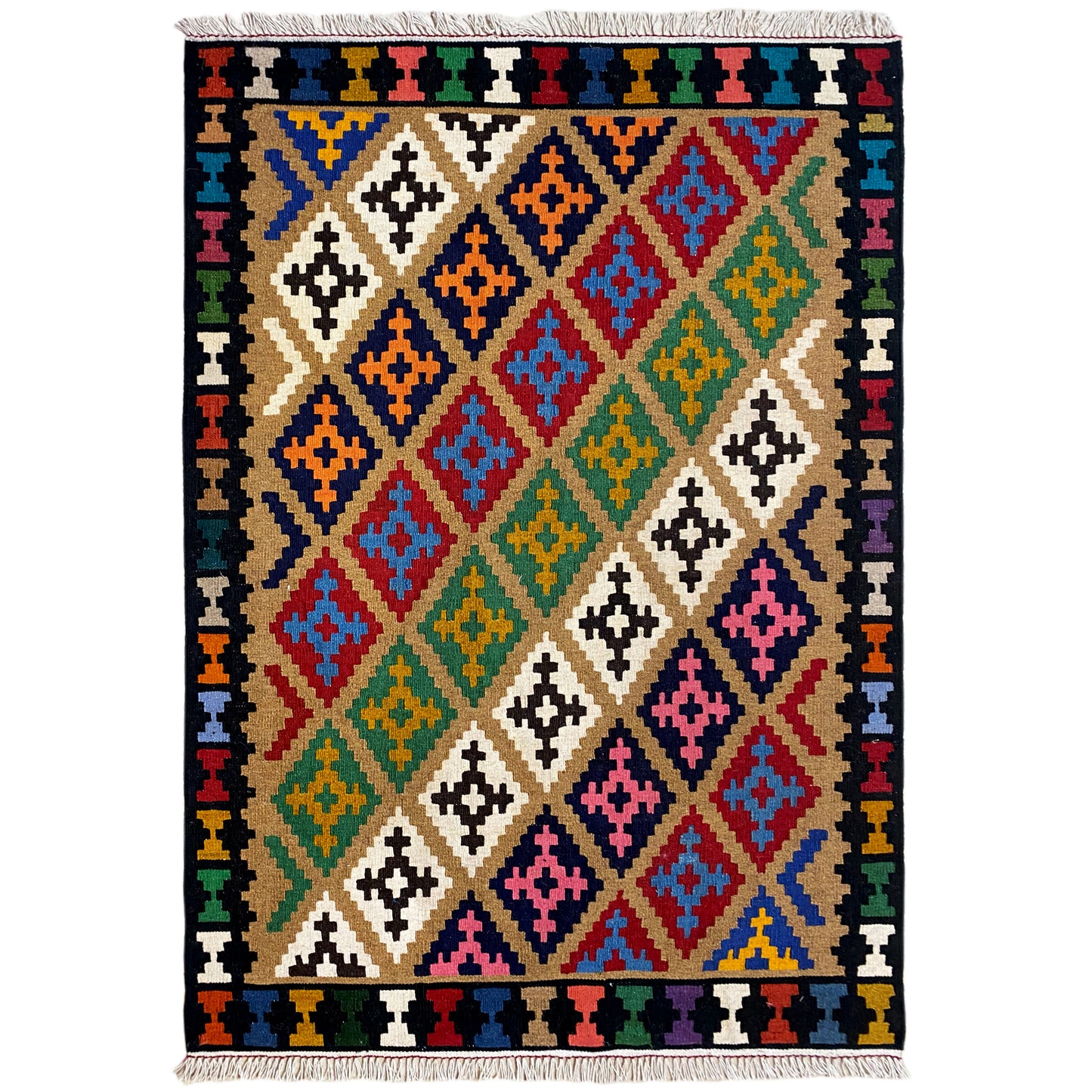 Handgewebter Kelim Qashqai Teppich in Beige 149x101 cm mit Rautenmustern