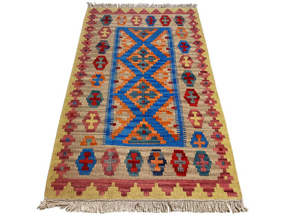Boho Kelim Teppich 142x84 cm, handversponnene Wolle mit kräftigen Farben